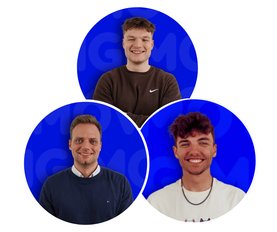 Drie mannen afgebeeld in blauwe cirkels