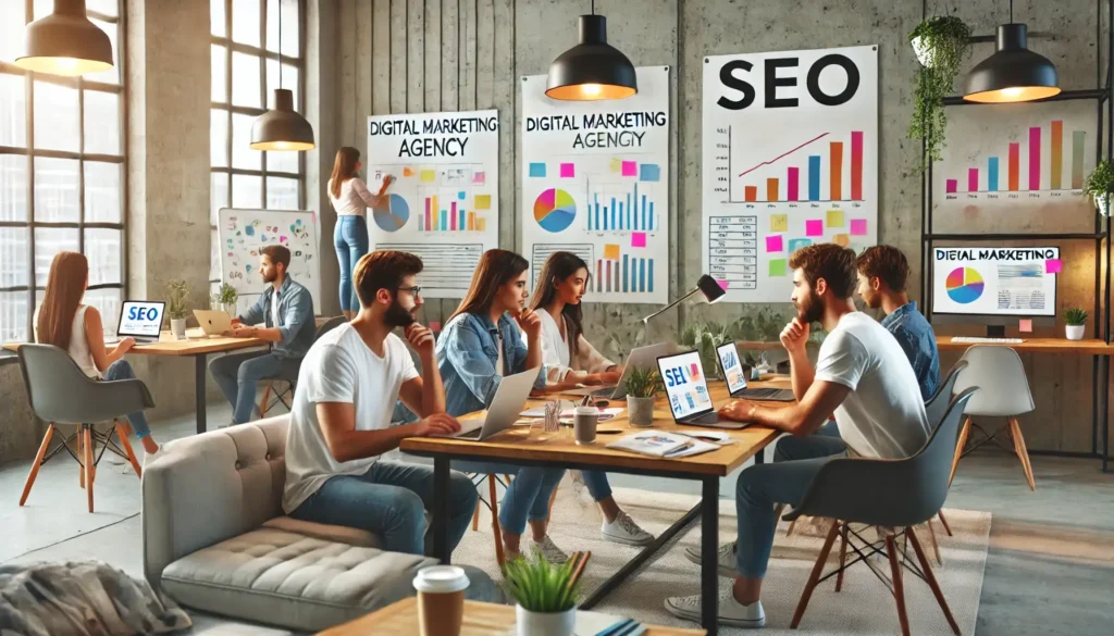 DALL·E 2024 07 22 09.12.17 A casual digital marketing agency office with a team of young professionals working on SEO strategies. The scene includes people collaborating at desk 1