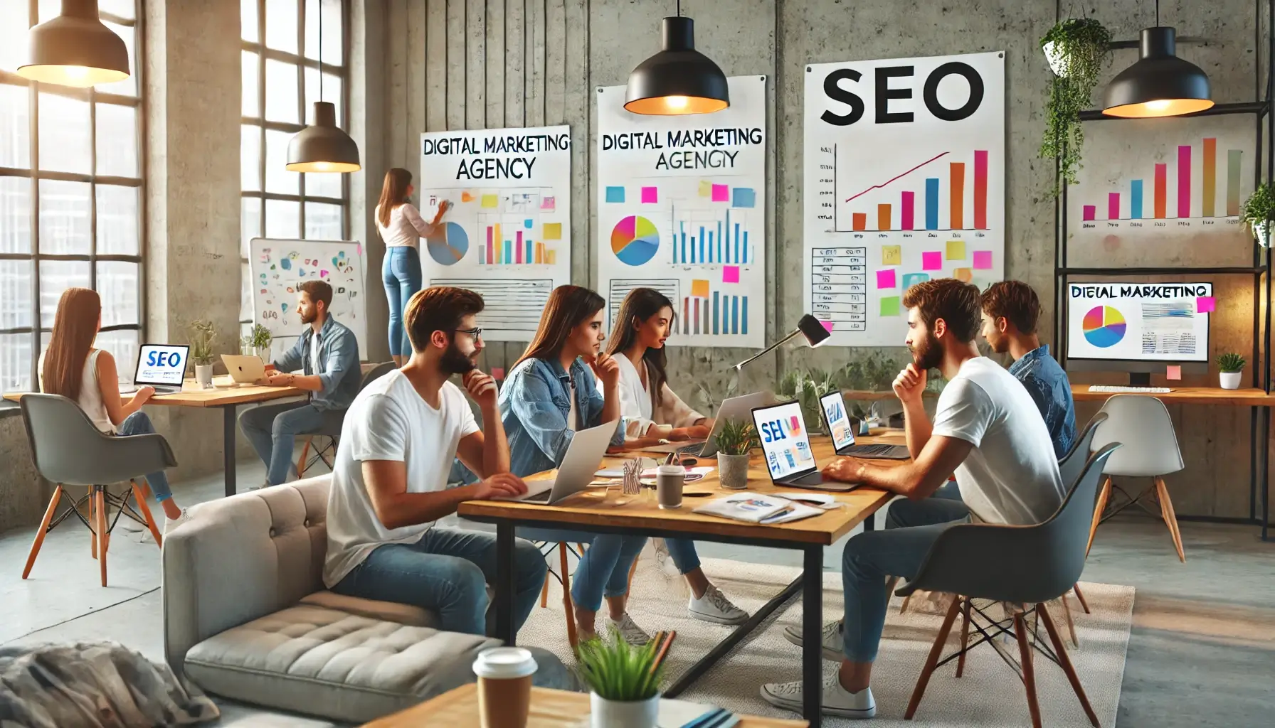 DALL·E 2024 07 22 09.12.17 A casual digital marketing agency office with a team of young professionals working on SEO strategies. The scene includes people collaborating at desk 1