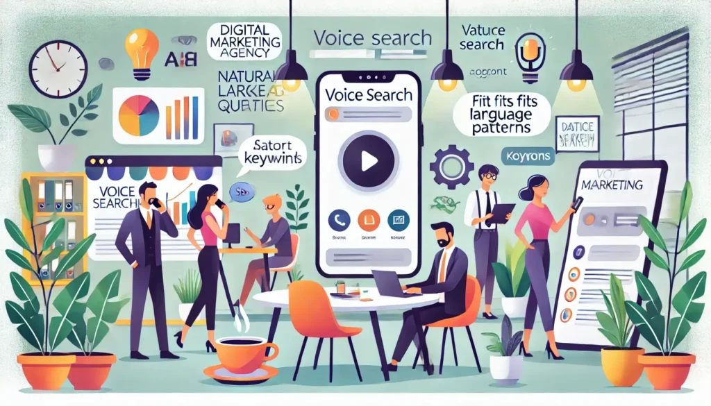 DALL·E 2024 07 22 09.24.12 Illustration of a digital marketing agency optimizing for voice search and conversational queries. The scene includes people talking to smart devices 1