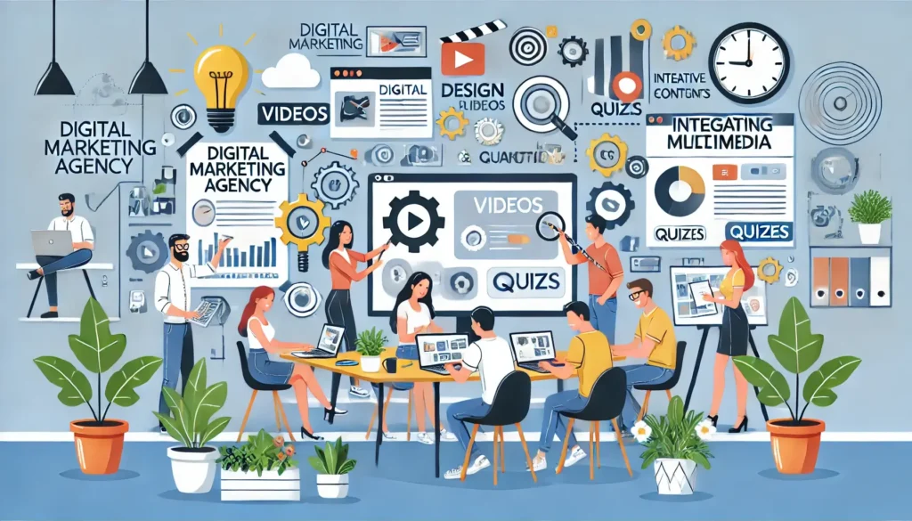 DALL·E 2024 07 22 09.25.45 Illustration of a digital marketing agency team integrating multimedia content. The scene includes people creating videos designing graphics and wor 1