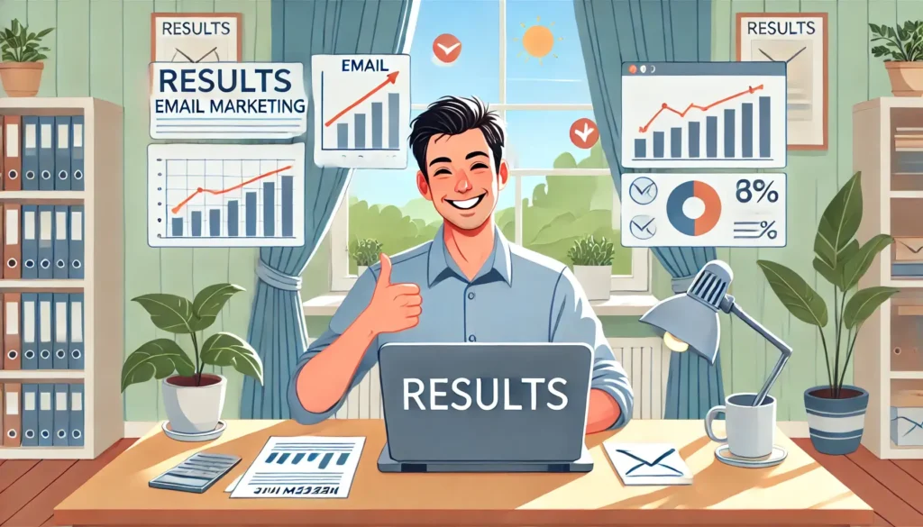 DALL·E 2024 07 26 10.28.25 A person doing email marketing and feeling happy. The person is sitting at a desk with a laptop surrounded by charts and graphs showing positive resu 1