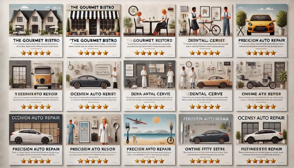 DALL·E 2024 07 26 11.36.16 A clean and modern layout displaying several Google reviews as testimonials for various businesses with corrected spelling. Each testimonial features 1