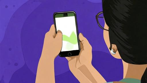 Illustratie van een vrouw met oordopjes die op haar smartphone kijkt, waar een stijgende grafiek op het scherm te zien is. De paarse achtergrond benadrukt het digitale thema. Deze afbeelding symboliseert data-analyse, marketinginzichten en het belang van realtime digitale rapportage