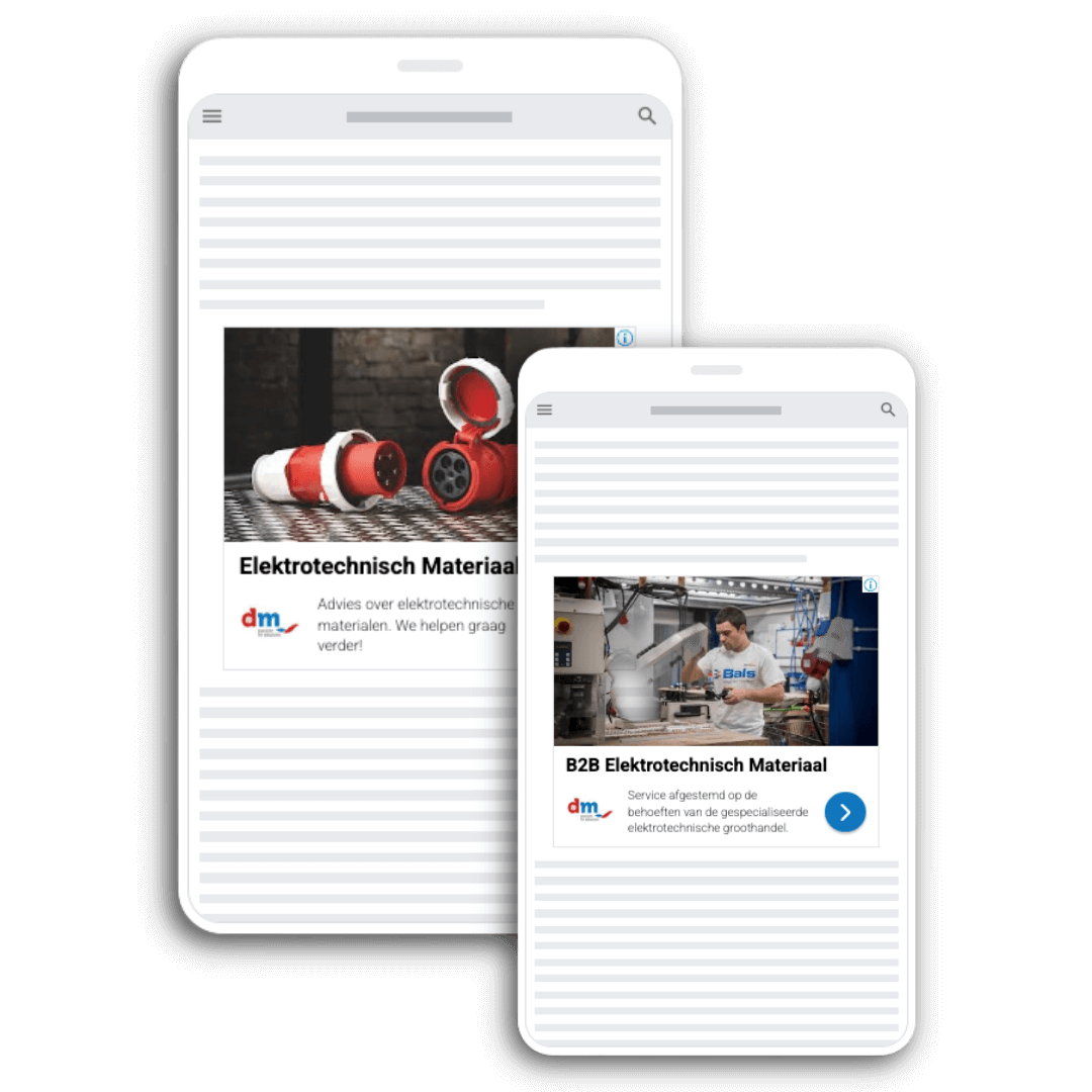 Een voorbeeld van een google advertentie in een browser. De advertentie is voor DM-Power