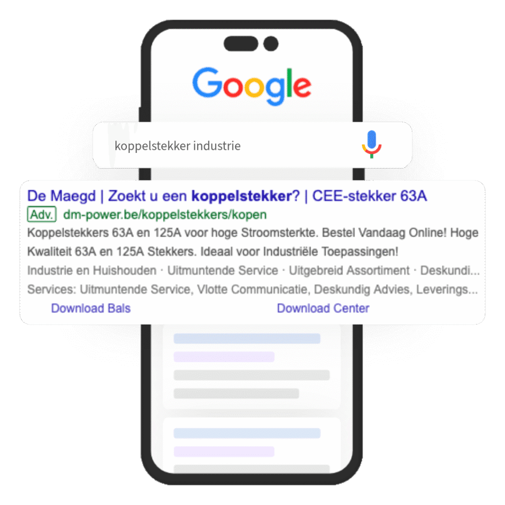 Een smartphone met een voorbeeld van een advertentie van google op.
