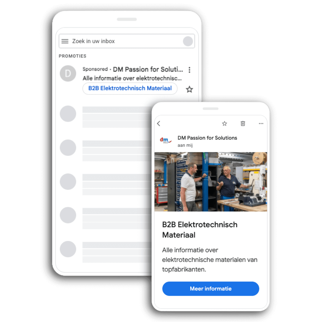 Een voorbeeld van een google ad in een mailbox, De advertentie is van DM-Power