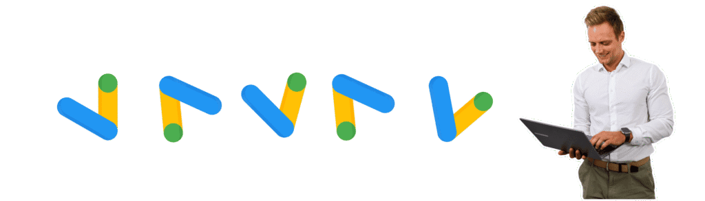 Man using a laptop with google ads icons, promoting Google Ads advertising services.